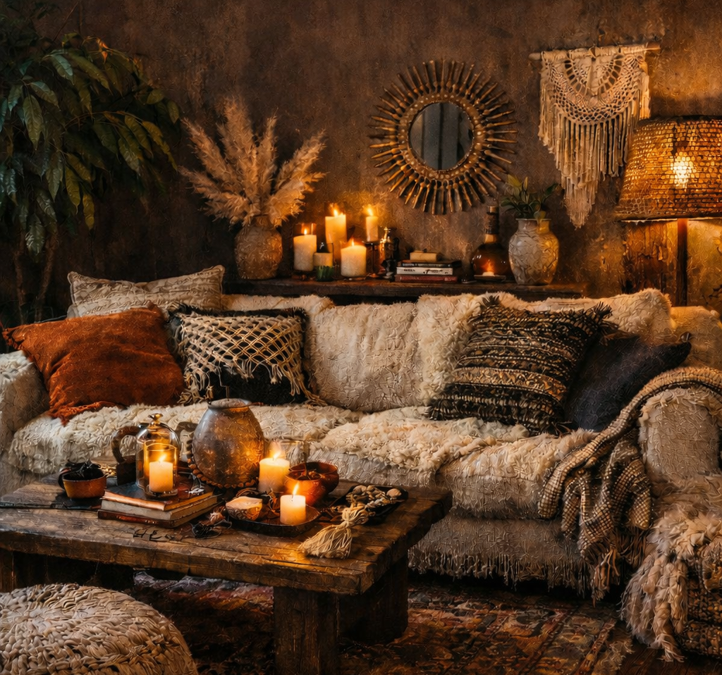 cozy boho living room with warm earthy tones, layered textiles, candles, macrame wall decor, and neutral furniture