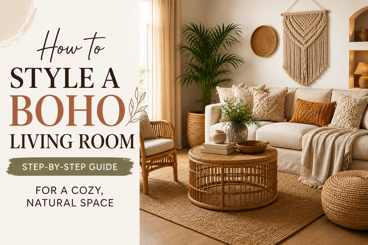 how to style a boho living room with neutral decor, rattan furniture, and cozy natural textures