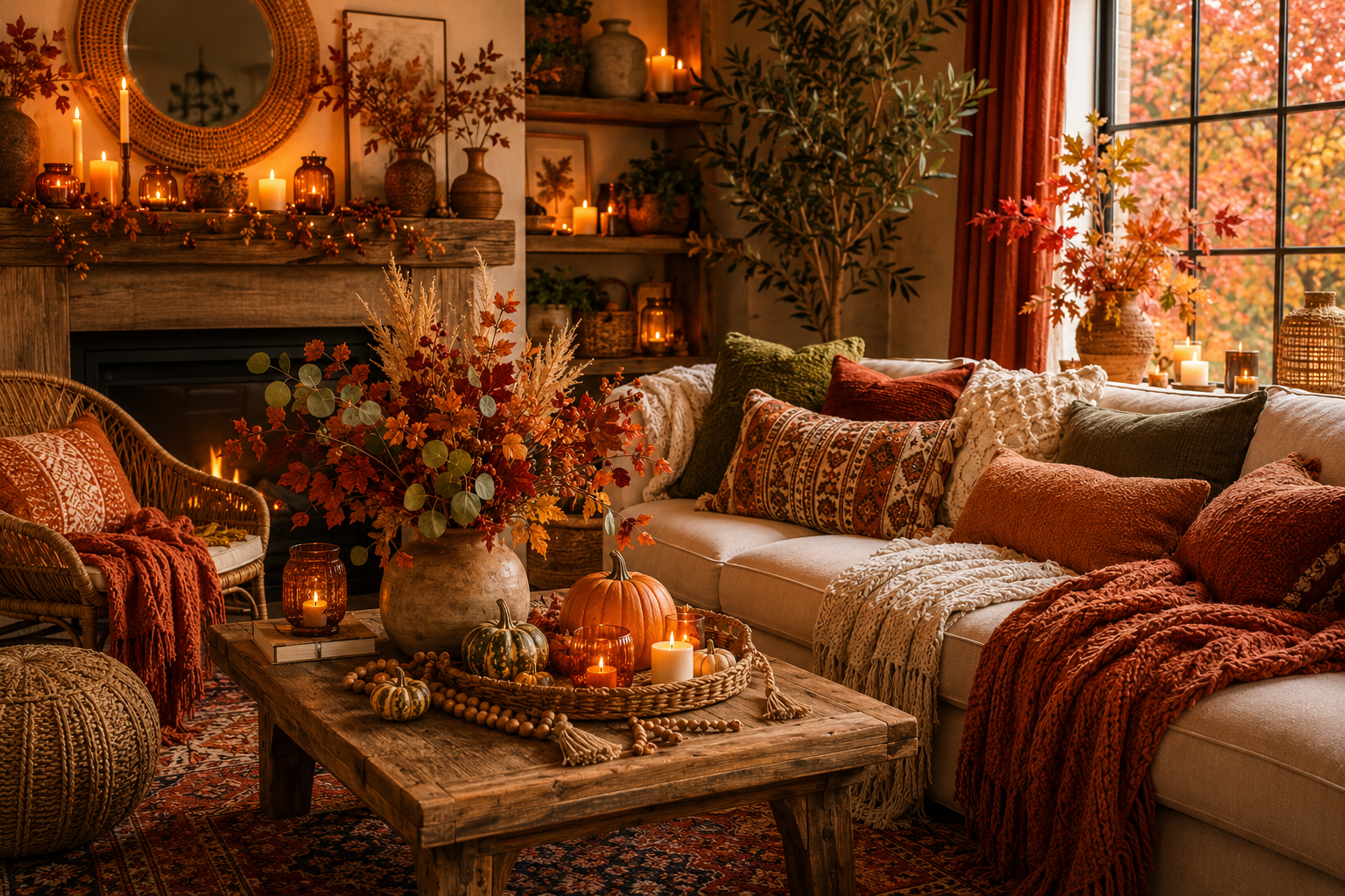 Cozy Boho Fall living room with warm earthy colors and natural textures
